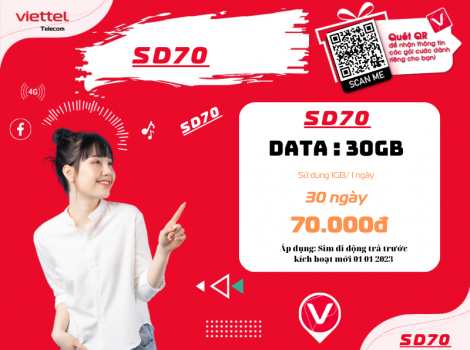 Đăng ký gói SD70 Viettel sử dụng 1 tháng ưu đãi 1Gb/ ngày