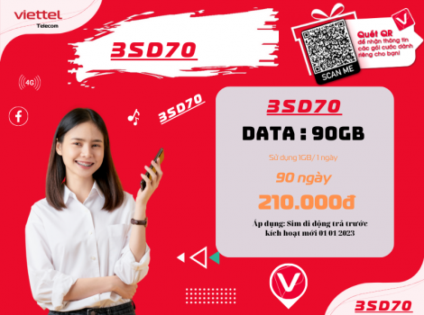 Đăng ký gói SD70 Viettel sử dụng 3 tháng ưu đãi 1Gb/ ngày
