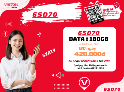 Đăng ký gói SD70 Viettel sử dụng 6 tháng ưu đãi 1Gb/ ngày