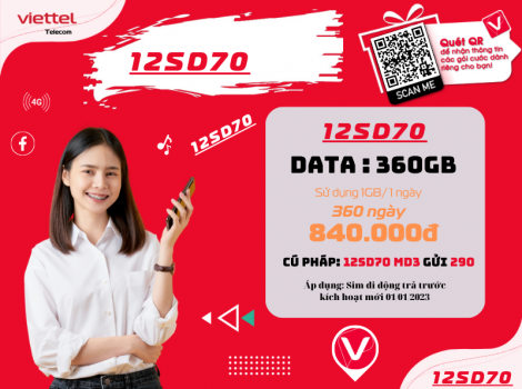 Đăng ký gói SD70 Viettel sử dụng 12 tháng ưu đãi 1Gb/ ngày