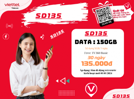 Đăng ký gói SD135 Viettel sử dụng trong 1 tháng ưu đãi 2025
