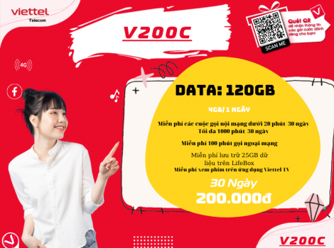 Đăng ký gói V200C Viettel sử dụng 1 tháng ưu đãi 2025